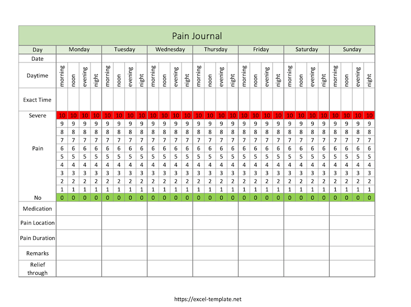 Symptom Diary: Pain Journal Example Template for Excel